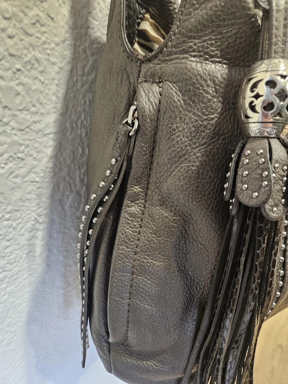Brighton Greta Garbo Femme Fatale Pewter Studded Leather Slouchy Hobo Bag E84883